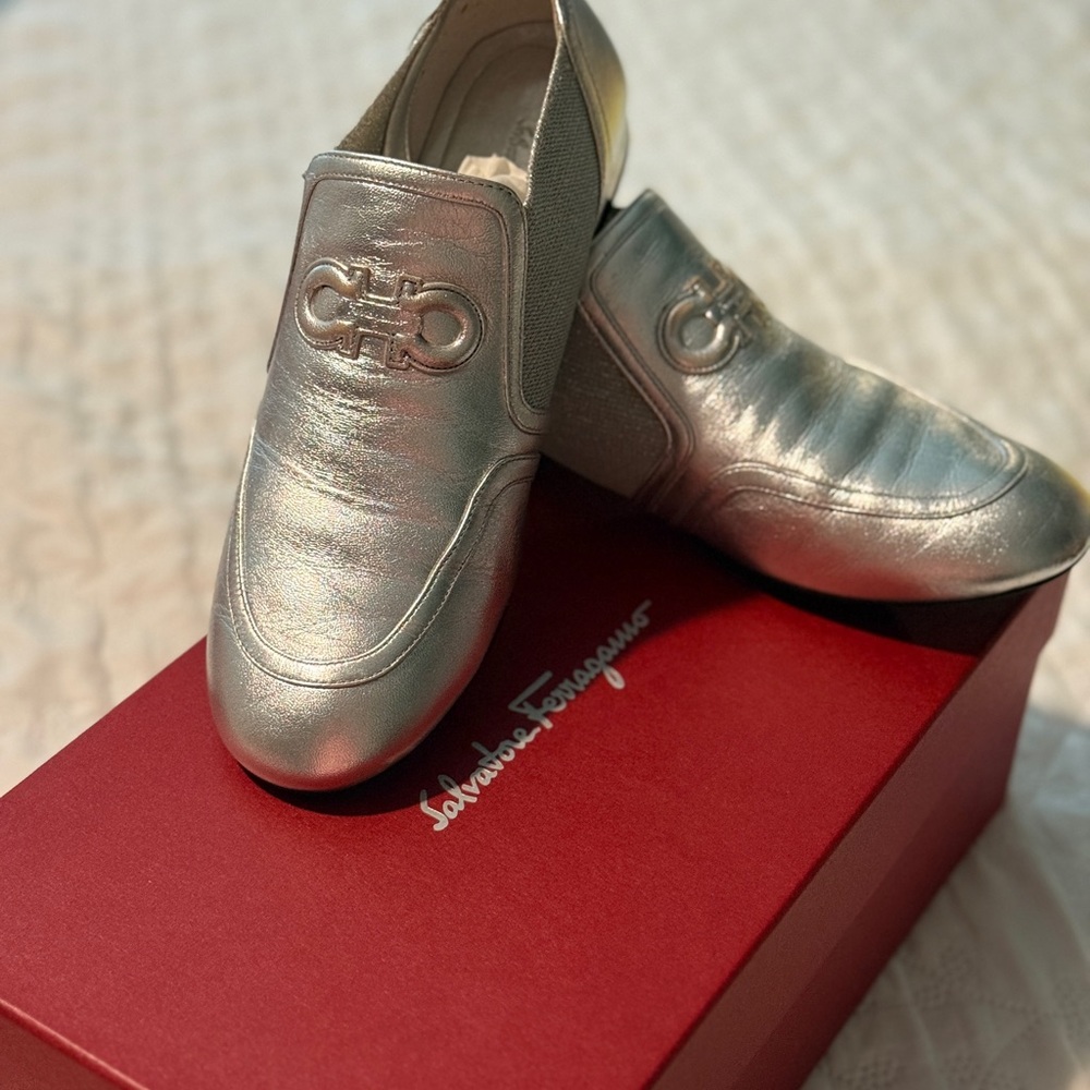 Salvatore Ferragamo Metallic Silver Loafers
